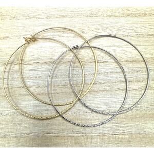 Hoop Earrings 2 Pair Large Textured Lightweight Gold Tone and Silver Tone Sets